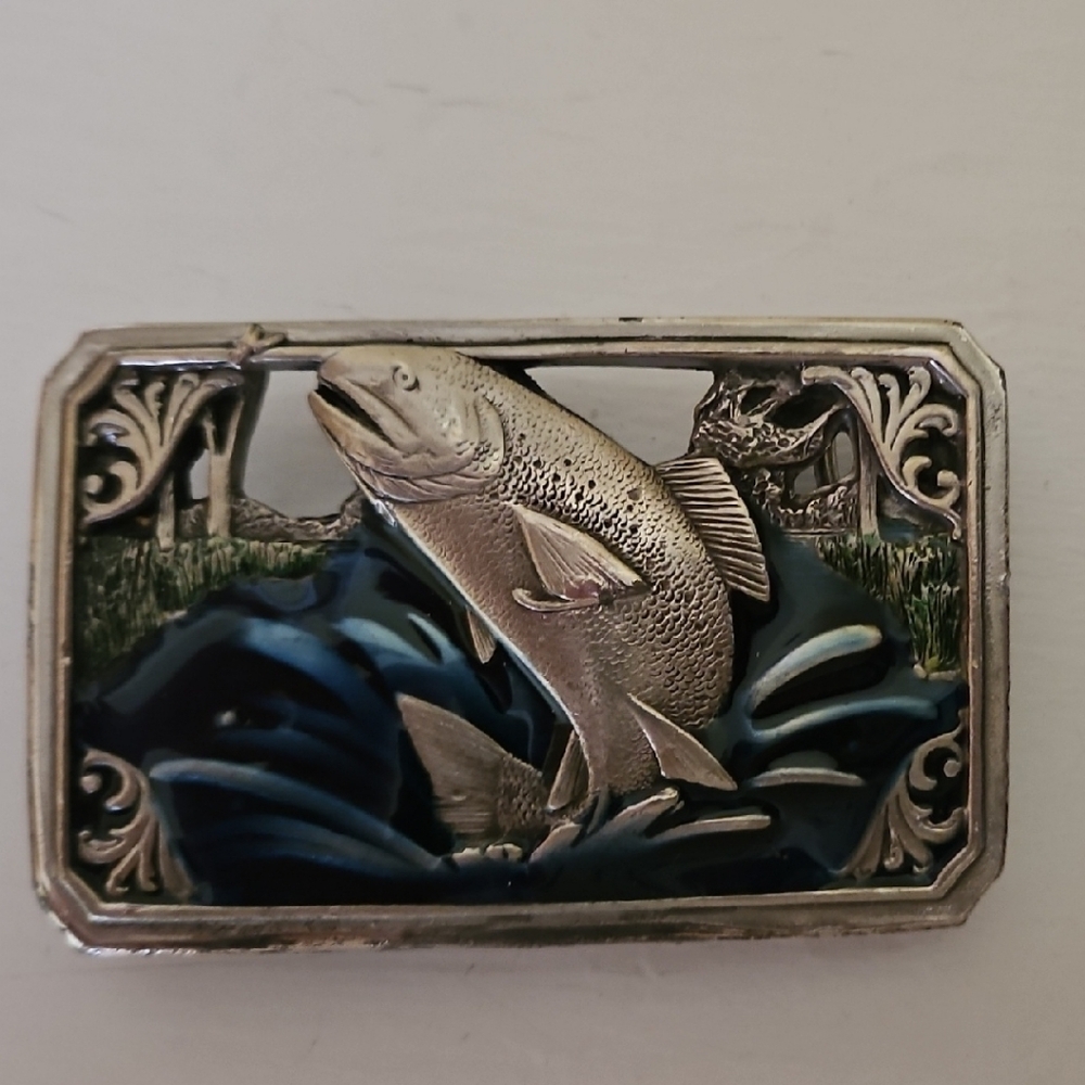 Silver and Blue Trout Fish Belt Buckle in pewter